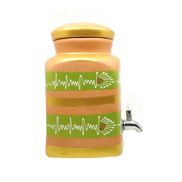 Modern terracotta water dispenser with olive green bands and gold accents