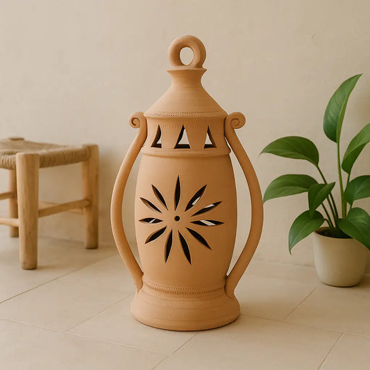 Terracotta lantern with decorative design on a tiled floor with a plant and stool in the background.