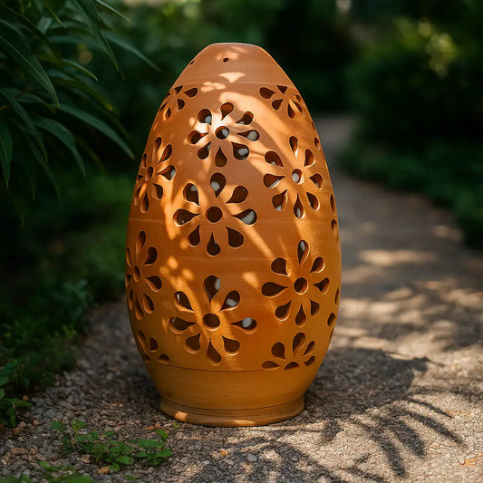 Decorative ceramic lantern with floral patterns on a garden path