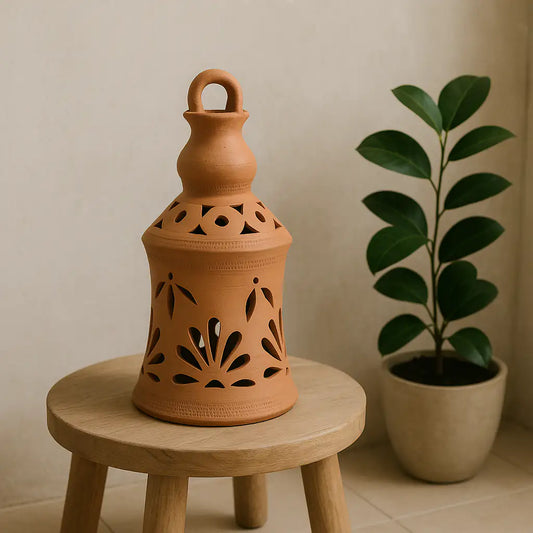 Terracotta lantern on a wooden stool next to a potted plant against a beige wall.