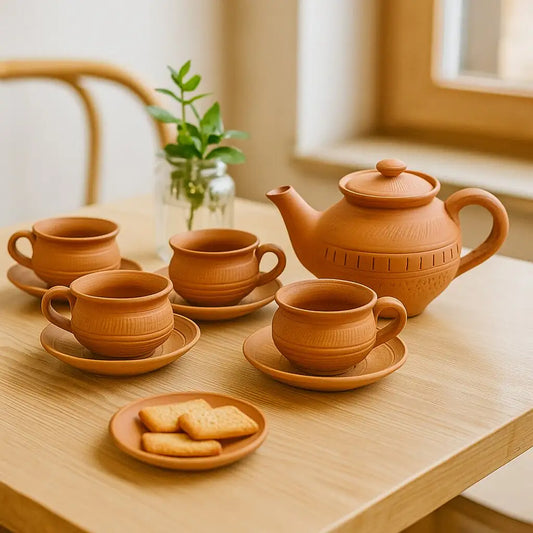 Ceramic tea set with teapot and cups on a wooden table.
