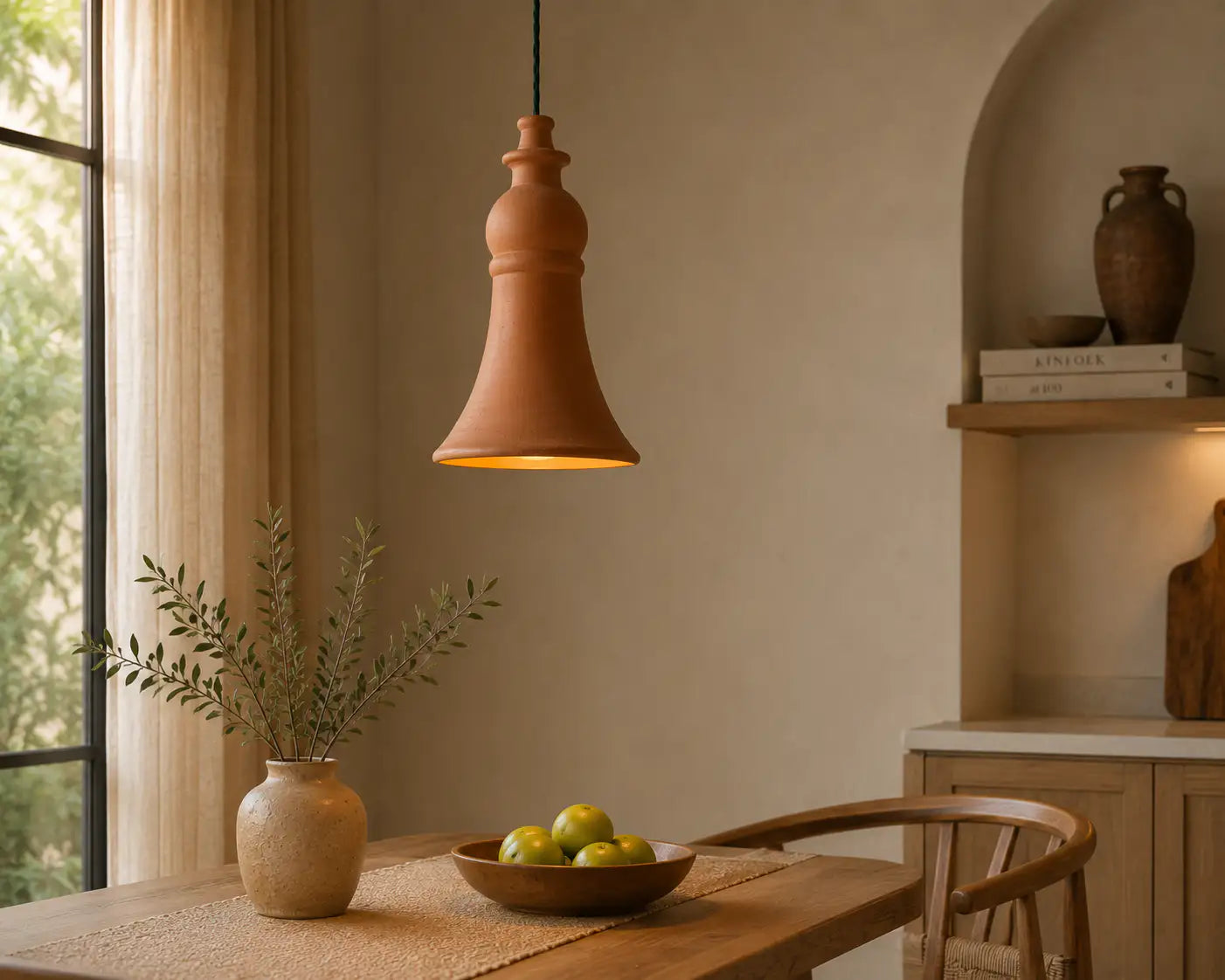 Terracotta smooth bell pendant light shell above wooden dining table