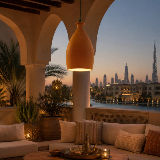 Terracotta teardrop pendant light shell in luxury UAE balcony setting