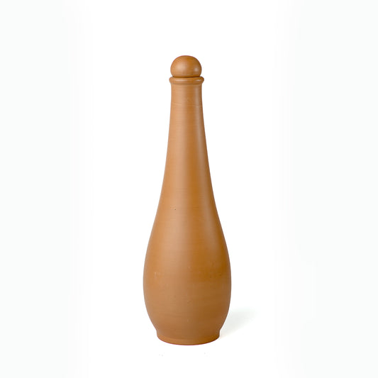 Front view of Crimson Noir 1 litre handmade terracotta water bottle with stopper