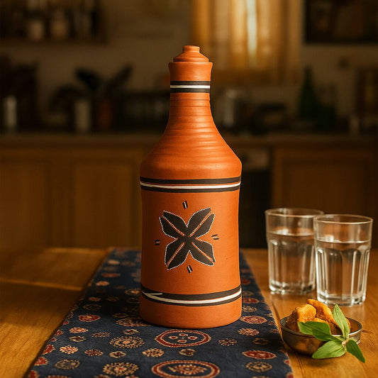DhaaroVibes: Sitara Mark – Hand-Painted Terracotta Water Bottle (1L) | ARK Naturals