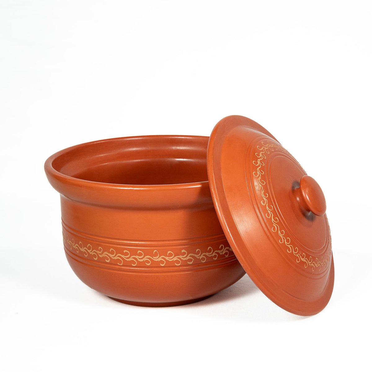 Open terracotta serving bowl with matching lid from Terra Majlis collection