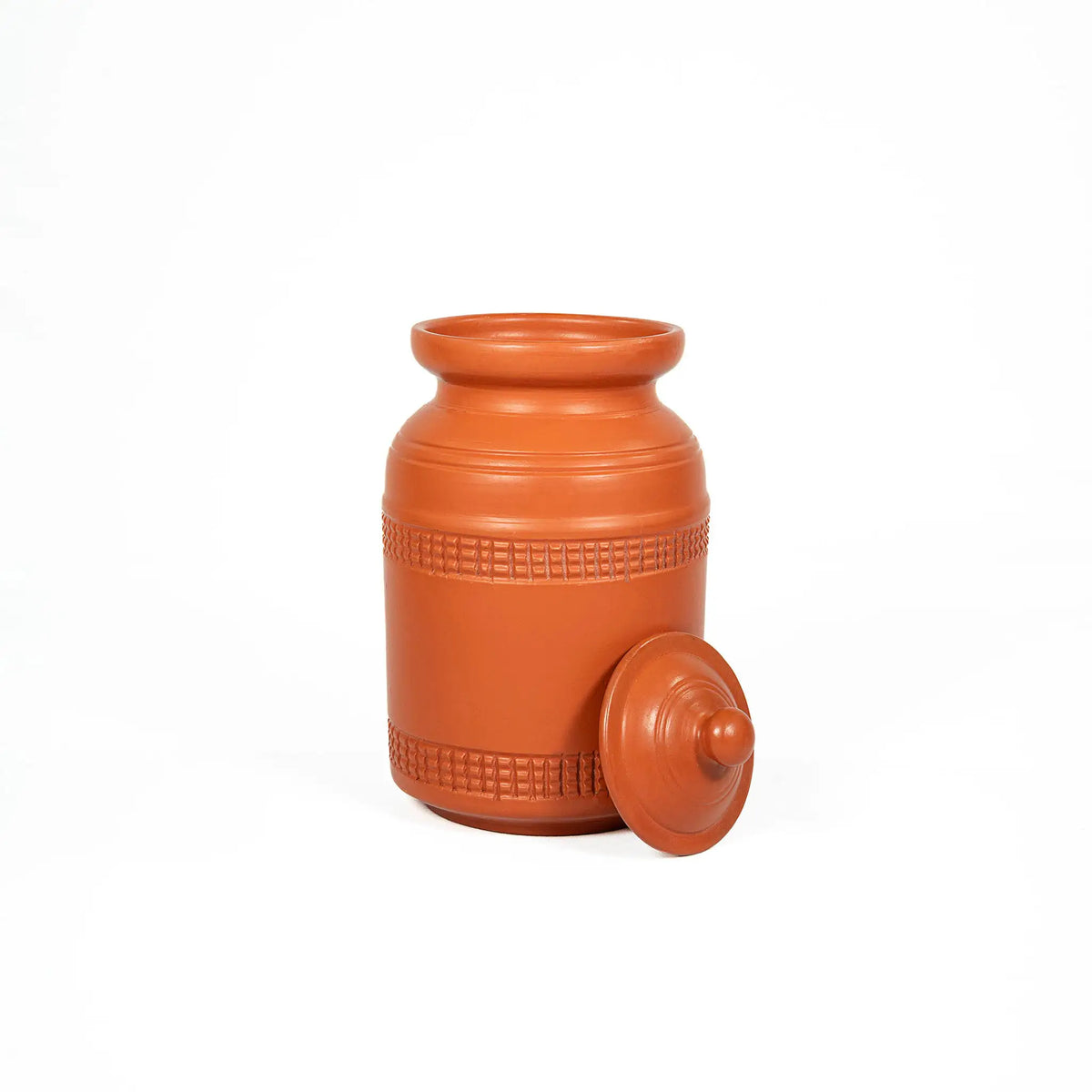 Large terracotta storage jar with lid removed