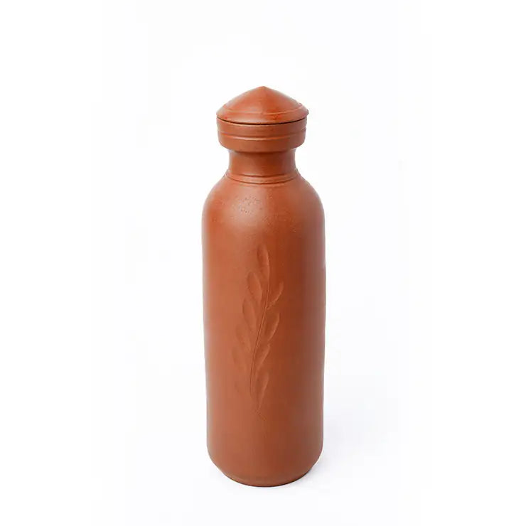 Handmade Terracotta Water Bottle – Leaf Carved – With Lid | ARK Naturals