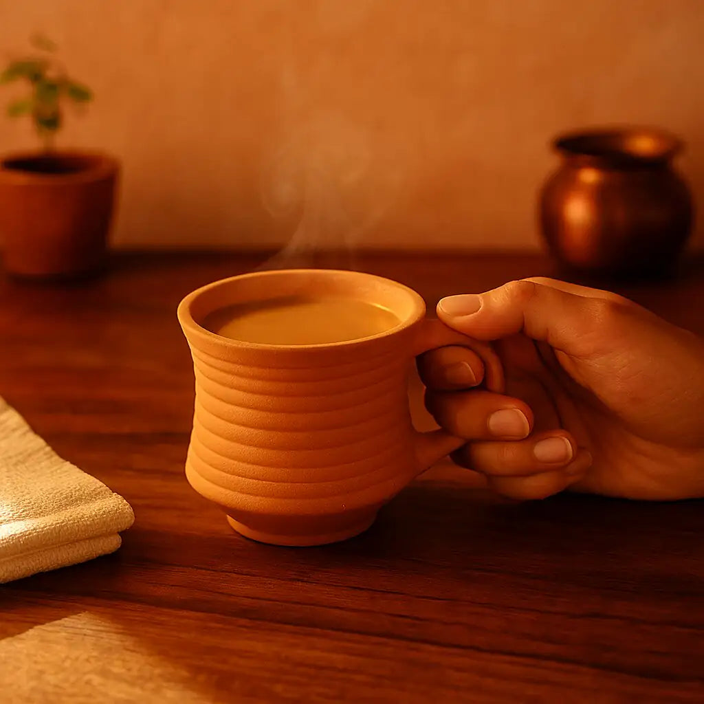 طقم أكواب شاي من الطين المحروق مصنوع يدويًا من تيرابورا مع صينية تقديم (6 أكواب)