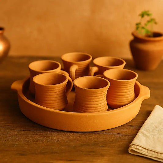 Terrapura Handmade Terracotta Tea Cup Set with Serving Tray (6 Cups)