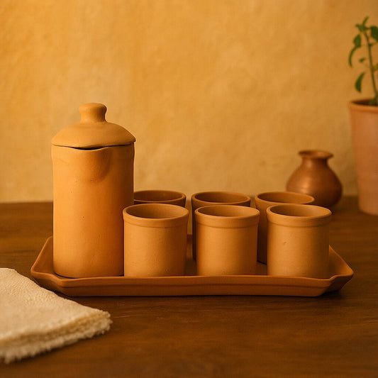 Terrapura Tea Serving Set (7-Piece) – Handmade Terracotta Pot + 6 Cups with Tray