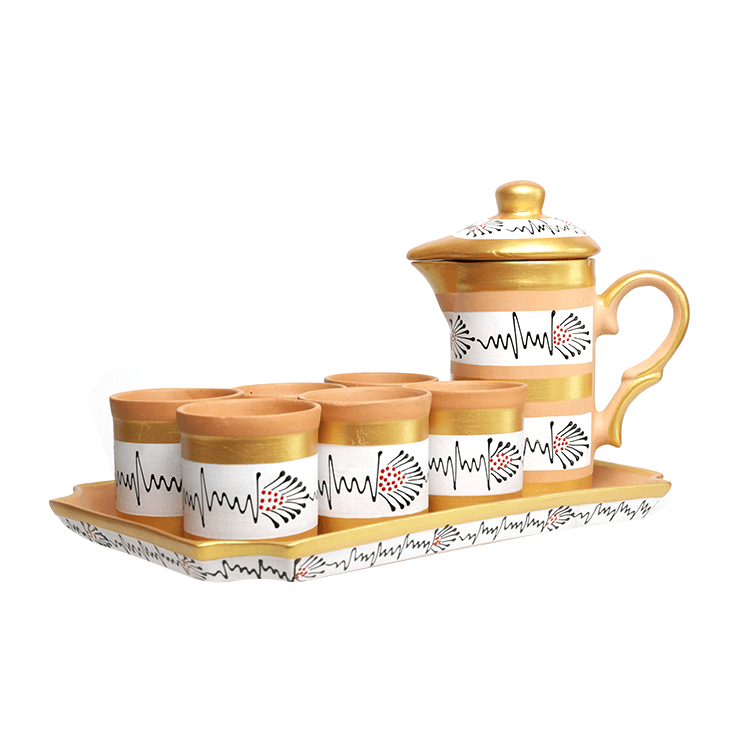 Handpainted Clay Serving Set of 8 Pieces with Pitcher Glasses and Tray