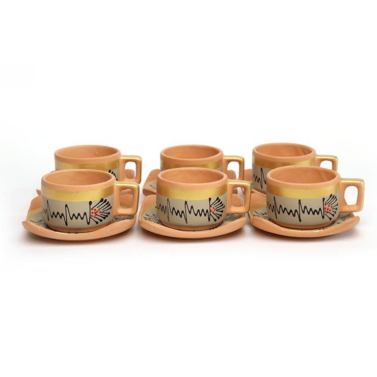 Handpainted Clay Cup and Square Saucer Set of 6 Pieces
