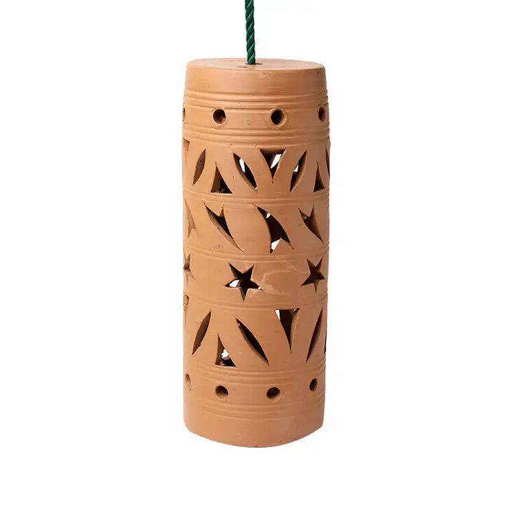 Terracotta cylinder pendant light shell front view on white background
