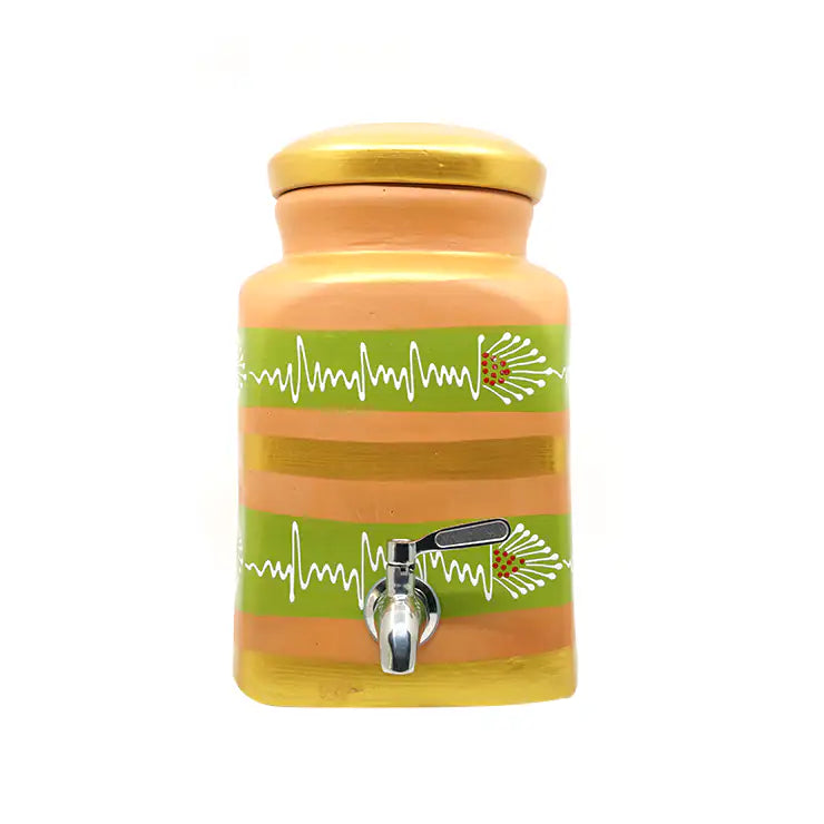 Modern terracotta water dispenser with olive green bands and gold accents