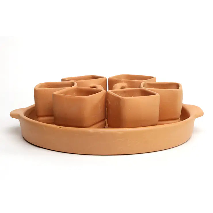 Terrapura square clay cups and matching terracotta serving tray