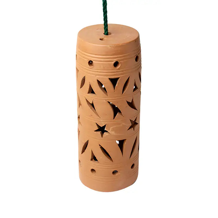 Handmade terracotta hanging lamp shell with cutout details side view