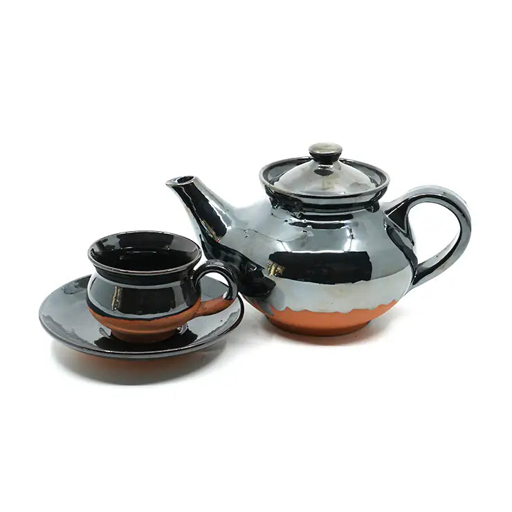 Dirtique: Handmade Black Glazed Terracotta Tea Set – 650 ml Kettle with 4 Cups & 4 Saucers
