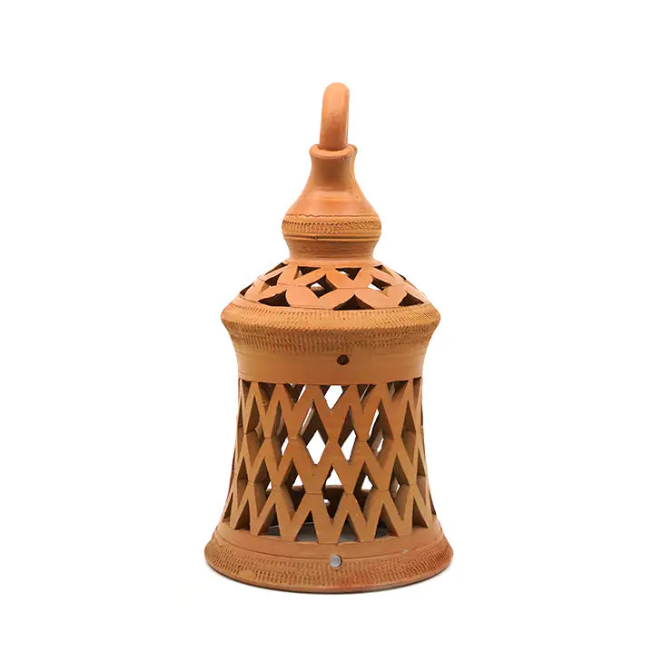 Handmade terracotta lantern with geometric lattice cutwork from NoorNook collection