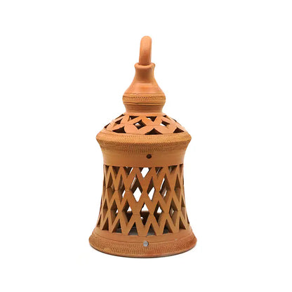Handmade terracotta lantern with geometric lattice cutwork from NoorNook collection