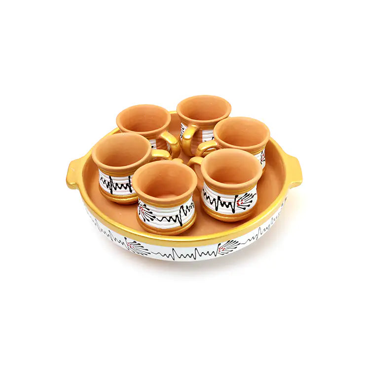 Ceramic cup set with a tray on a white background