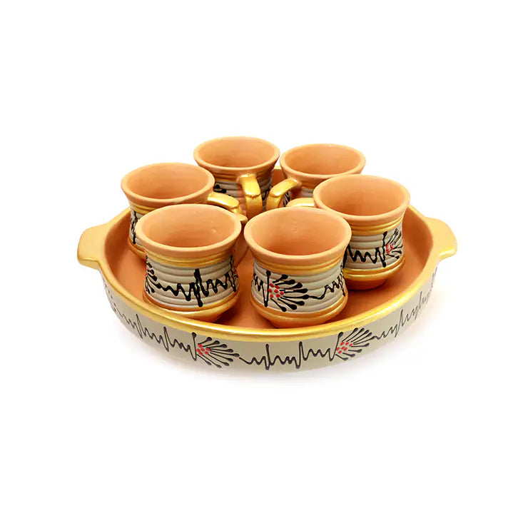 Set of six Handpainted Clay cups with a decorative tray on a white background