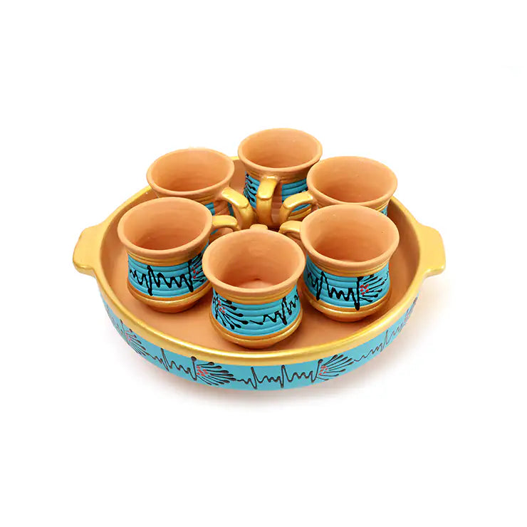 Set of Handpainted Clay cups with a yellow tray on a white background