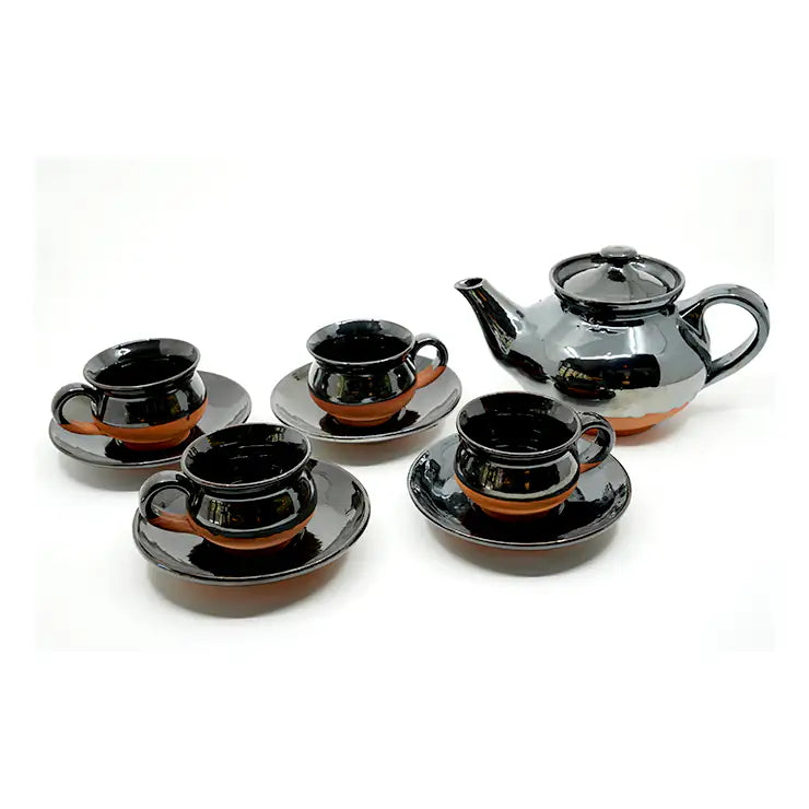 Dirtique: Handmade Black Glazed Terracotta Tea Set – 650 ml Kettle with 4 Cups & 4 Saucers