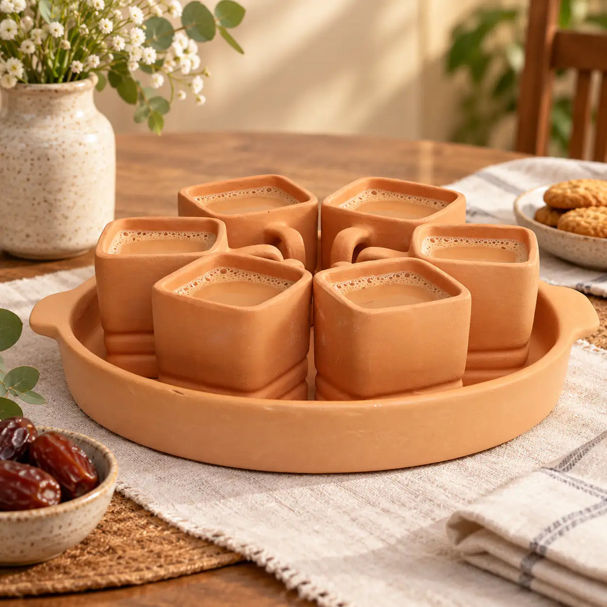 Set of 6 handmade clay tea cups with terracotta serving tray
