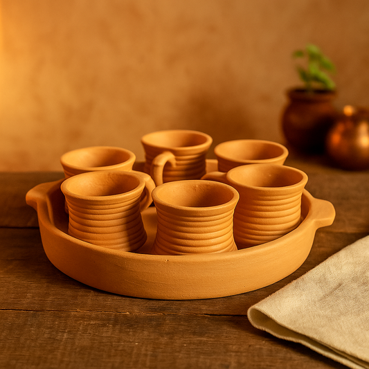 Terrapura Handmade Terracotta Tea Cup Set with Serving Tray (6 Cups)