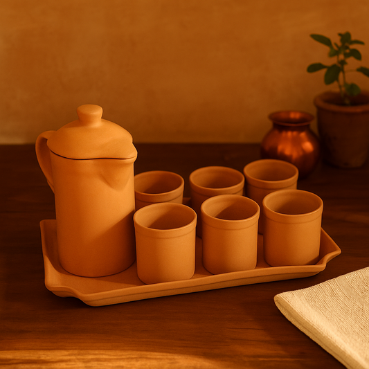 Terrapura Tea Serving Set (7-Piece) – Handmade Terracotta Pot + 6 Cups with Tray