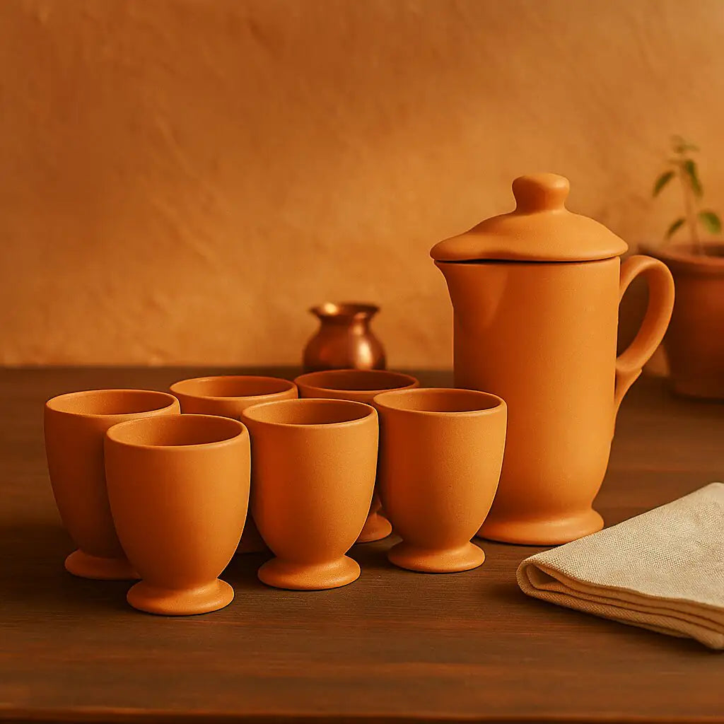 Terrapura Tea Set (7-Piece) – Handmade Terracotta Tea Pot + 6 Cups