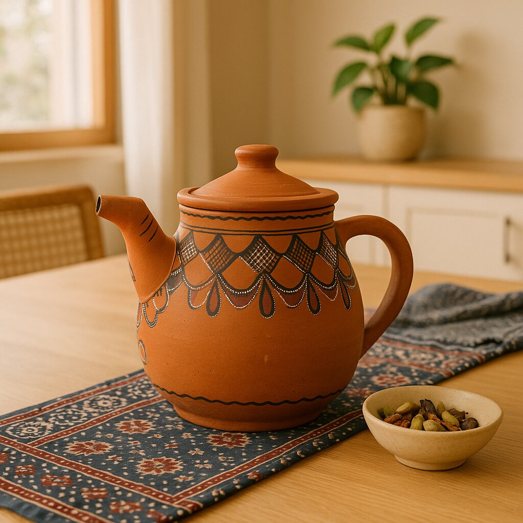 Terracotta teapot with decorative patterns on a table with a bowl of tea leaves.
