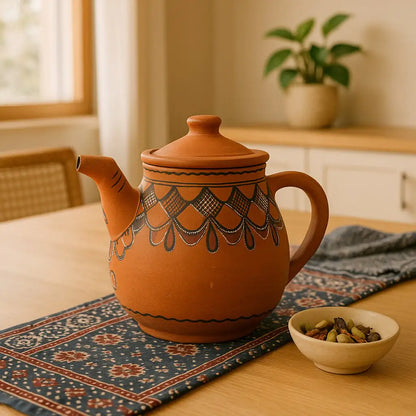 Terracotta teapot with decorative patterns on a table with a bowl of tea leaves.
