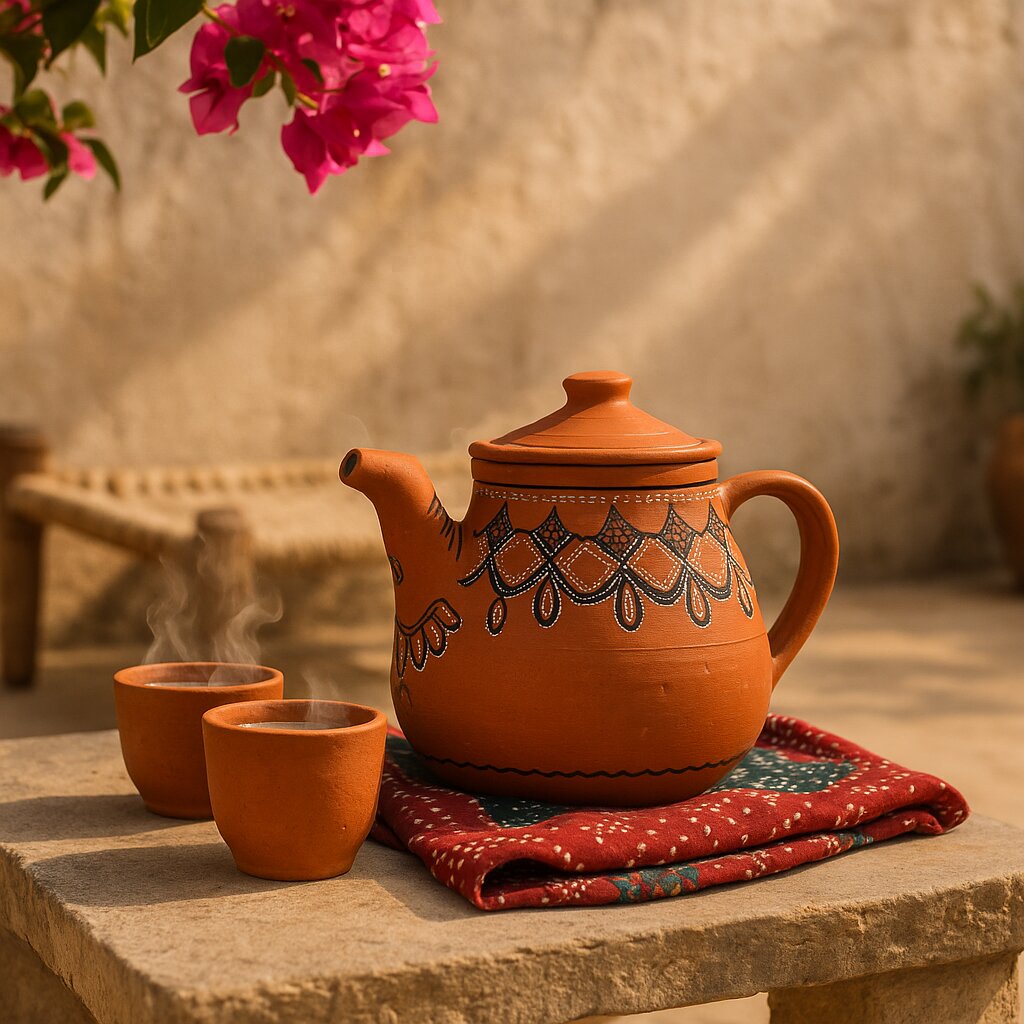 Terracotta teapot with decorative patterns on a stone surface with cups and a floral background.