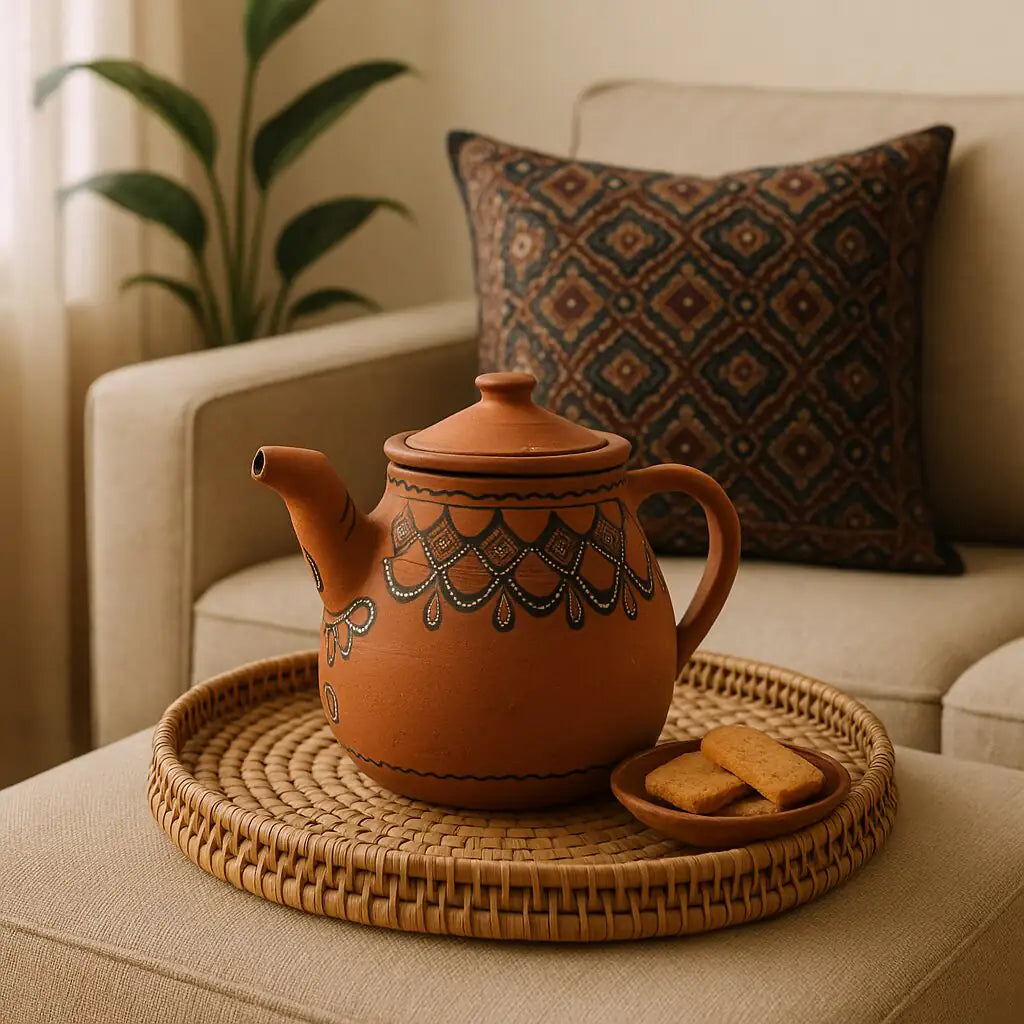 Terracotta teapot on a woven tray with cookies on a beige couch