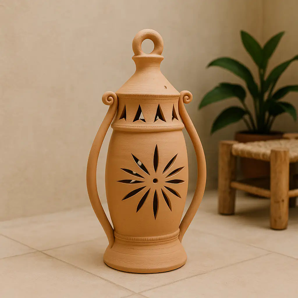 Terracotta lantern with decorative cutout design on a tiled floor.