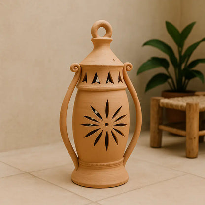 Terracotta lantern with decorative cutout design on a tiled floor.