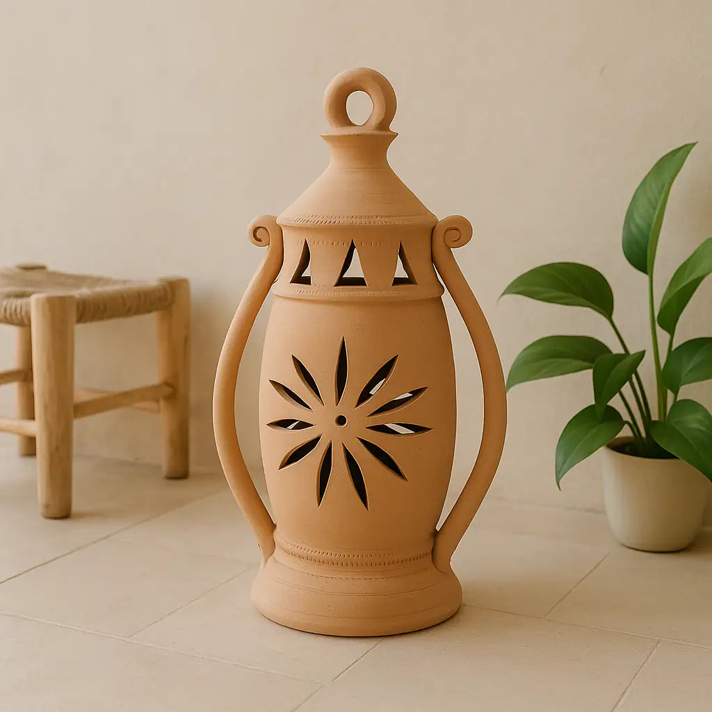 Terracotta lantern with decorative design on a tiled floor with a plant and stool in the background.