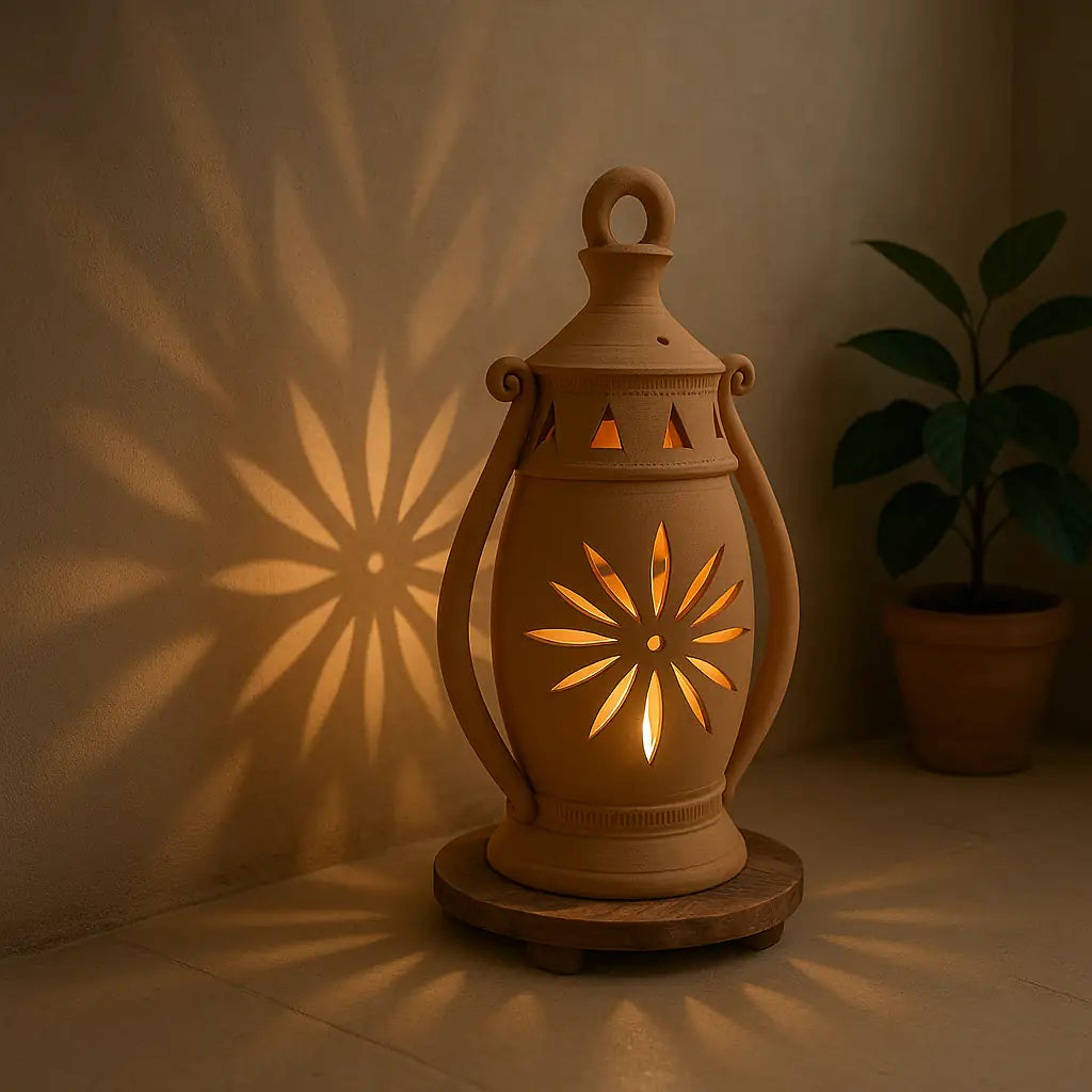 Decorative terracotta lantern casting shadows on a wall with a plant in the background.