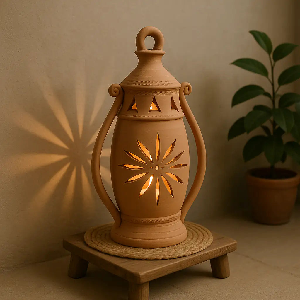 Terracotta lantern with decorative cut-out design on a wooden stand against a beige wall.