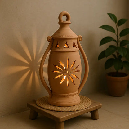 Terracotta lantern with decorative cut-out design on a wooden stand against a beige wall.