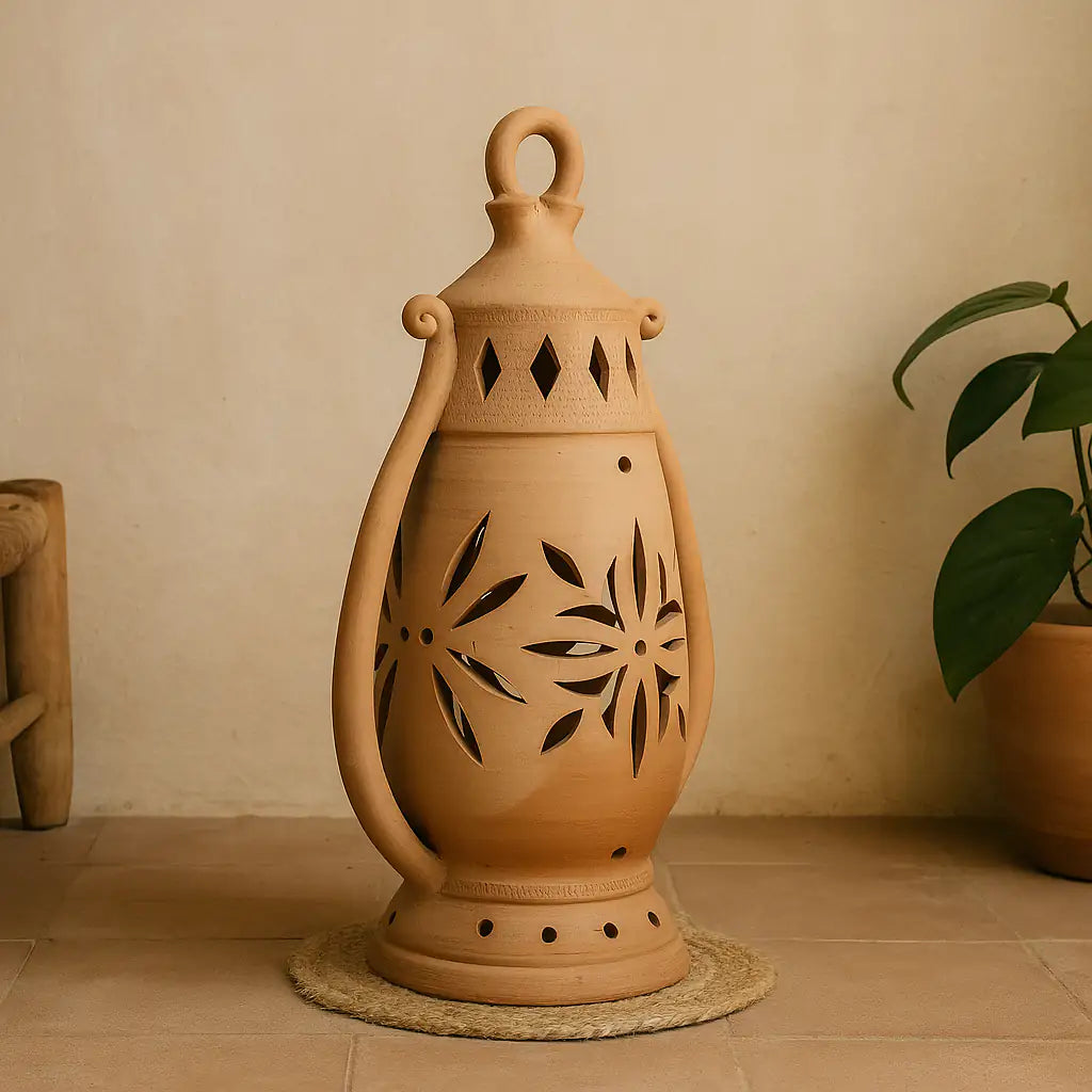Terracotta lantern with decorative cutouts on a beige surface