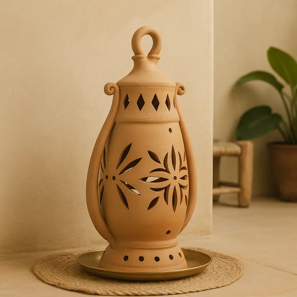 Terracotta lantern with decorative cutouts on a woven mat against a beige wall.