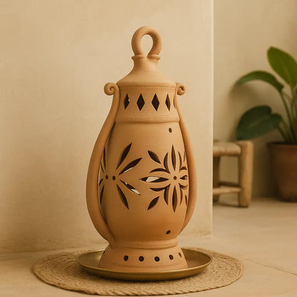 Terracotta lantern with decorative cutouts on a woven mat against a beige wall.