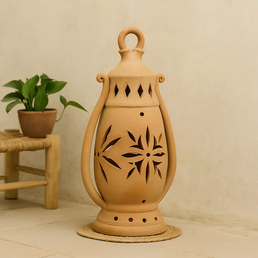 Handmade terracotta lantern with petal cutwork from NoorNook collection