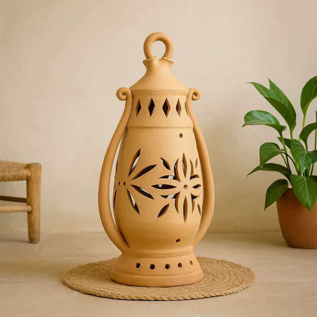 Terracotta lantern with decorative cutouts on a woven mat, plant in the background
