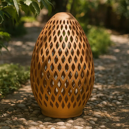 Decorative outdoor lamp with lattice design on a pebble path