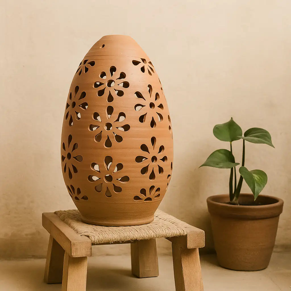 Terracotta vase with floral patterns on a small wooden stool next to a potted plant against a beige background