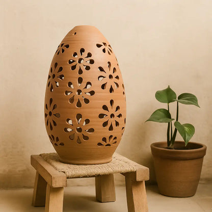 Terracotta vase with floral patterns on a small wooden stool next to a potted plant against a beige background